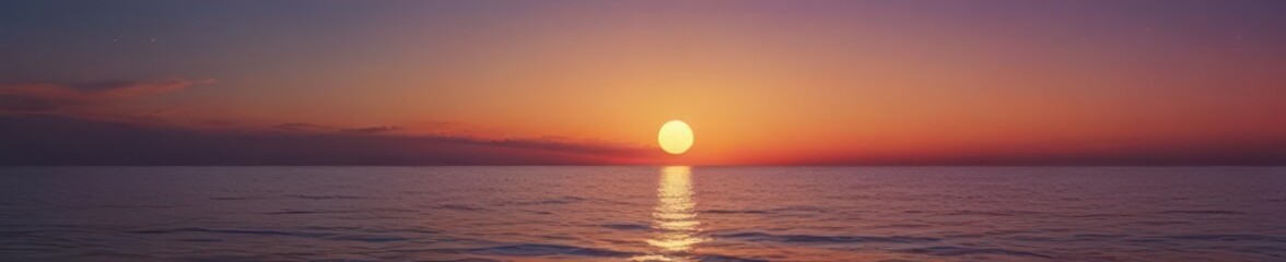 Abstract sunset seascape, crescent moon over calm ocean, illustration, sea