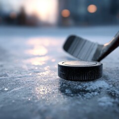 Close-Up of Hockey Puck on Ice with Hockey Stick in Background