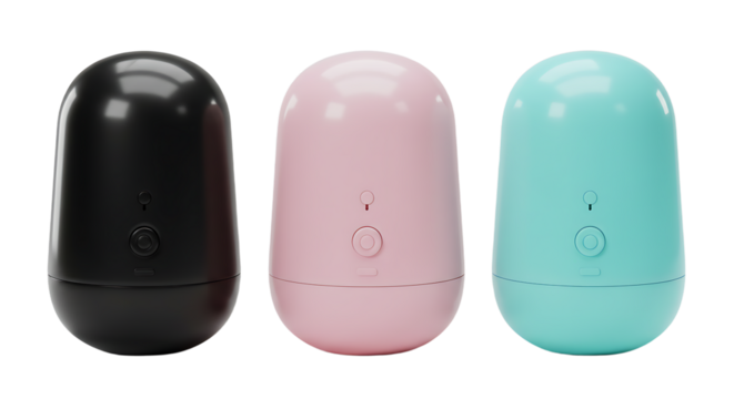 Three Stylish Colorful Modern Devices with Circular Buttons and Unique Designs.