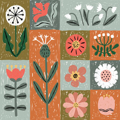 Seamless Patchwork Pattern with Wildflowers Set