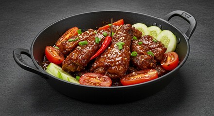 Close up shot of glazed chicken wings with vegetables in a black serving pan on a dark surface