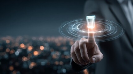 Deletion concept showing a digital trash can and a finger touching the icon, against the backdrop of a futuristic cityscape.