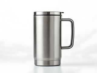 Brushed Stainless Steel Travel Mug with Handle on White Background