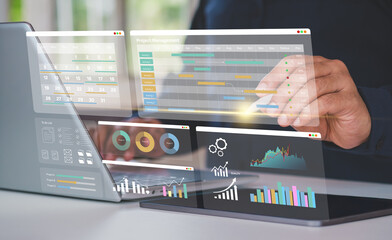 Project management and workflow scheduling interface. A business professional analyzing Gantt charts, tracking progress, and managing task execution through a digital strategy. Planning and deadline