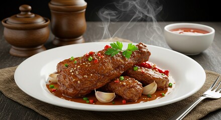 Close up of a plate of glazed meat with garlic and chili peppers garnished with parsley and sesame seeds