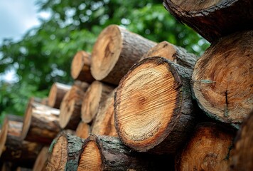 A large pile of round, cut trees stacked together, each log having the same size