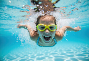 Fototapeta premium A joyful child with yellow goggles swimming underwater in a clear blue pool, capturing the fun and excitement of summer water activities and childhood bliss. 