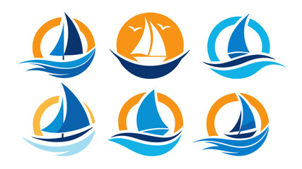 Collection of Boat Logos with Circular Frames Sailing Icons and Waves Underneath Sea Adventure Symbolism Nautical Designs