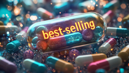 Holographic Bestseller Above Colorful Pills