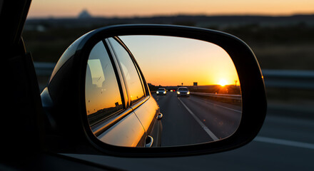 Golden Hour Highway: Sunset Reflected in Car Mirror