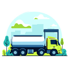 Fototapeta premium Truck transporting fuel in cityscape with trees and clouds 