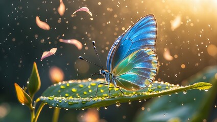 Fototapeta premium Butterfly Resting on Leaf with Water Droplets and Falling Petals