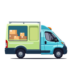 Delivery van with open side and cardboard boxes inside  