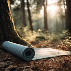 Obraz premium Tranquil Yoga Mat in Serene Forest Setting with Soft Sunlight