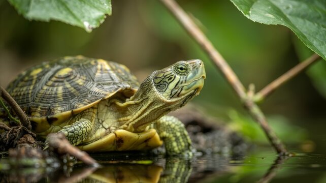 Close up of a turtle with detailed shell and skin in natural green environment