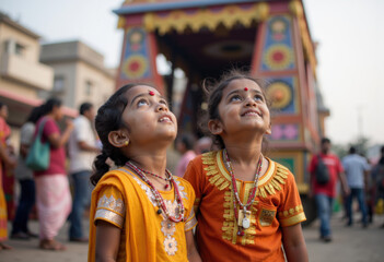 Fototapeta premium Two young girls in traditional Indian attire looking up at a decorated chariot, capturing a moment of wonder and cultural appreciation at a festival. 