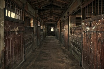 Exploring abandoned horse stable with decaying wooden stalls and weathered brick walls, capturing the eerie atmosphere of forgotten equine spaces