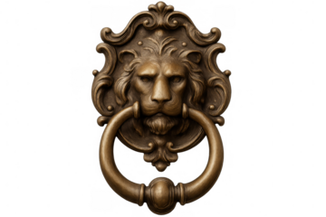 Vintage brass door knocker with intricate lion head, symbolizing strength and classic architectural detail on transparent backdrop