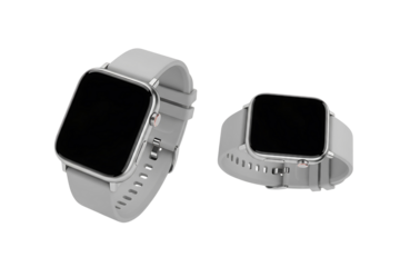 Two grey smartwatches with black screens isolated on white isolated on transparent background