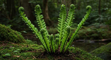 A cluster of green fern fronds unfurling in a lush forest environment with mossy ground cover