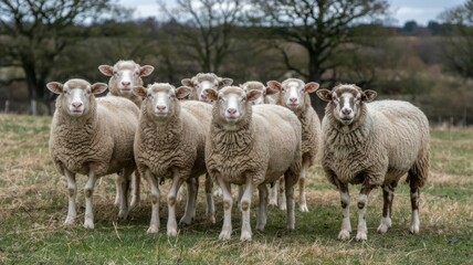 A flock of sheep standing together in a grassy field on a cloudy day