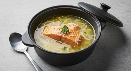 A black pot containing salmon soup with a spoon and lid resting on a gray surface nearby