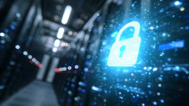 Low-angle view of servers stretching toward the ceiling, central focus on a large padlock symbol digitally glowing in midair, representing enterprise-level security