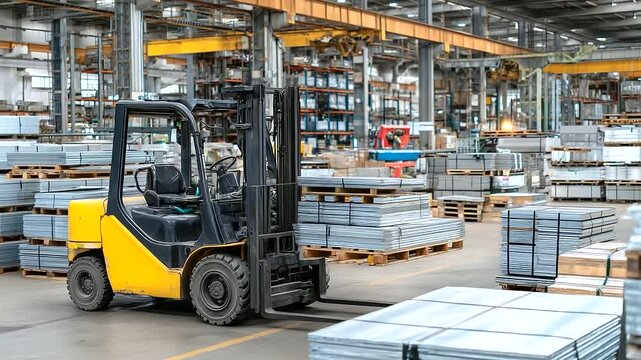 Wide shot of a modern metal production facility, showcasing organized stacks of sheet metal and galvanized steel rolls, heavy-duty forklifts, and engineers coordinating logistics