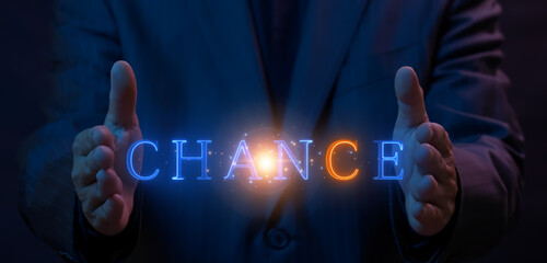 Personal development and career growth or change yourself. Success, strategy, solution, business and positive thinking concepts. Businessman shows word of chance on virtual screen.