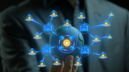 Procurement Management Industry for supply chain and retail logistics concept. Businessman shows procurement icons concept isolated on transparent background.