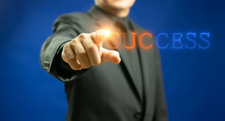 Personal development and career growth or change yourself. Success, strategy, solution, business and positive thinking concepts. Businessman shows word of success on virtual screen.