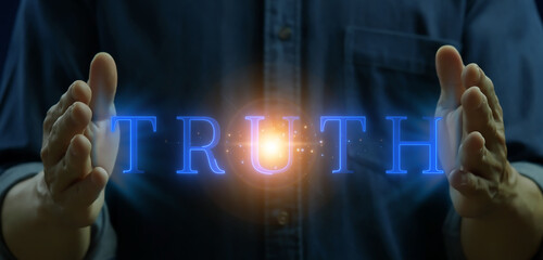 Personal development and career growth or change yourself. Success, strategy, solution, business and positive thinking concepts. Businessman shows word of truth on virtual screen.