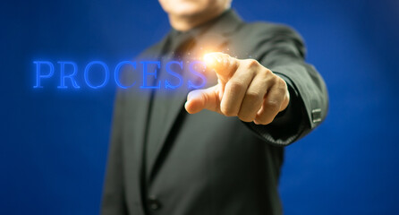 Personal development and career growth or change yourself. Success, strategy, solution, business and positive thinking concepts. Businessman shows word of process on virtual screen.