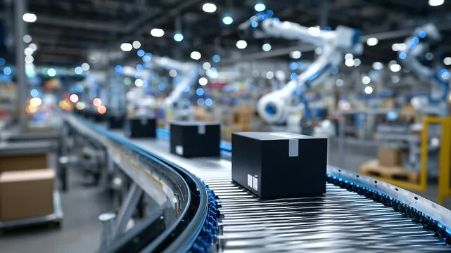 Automated warehouse conveyor belt carrying sleek black totes gliding smoothly through a brightly lit industrial plant, robotic arms sorting packages, symbolizing fast e-business su
