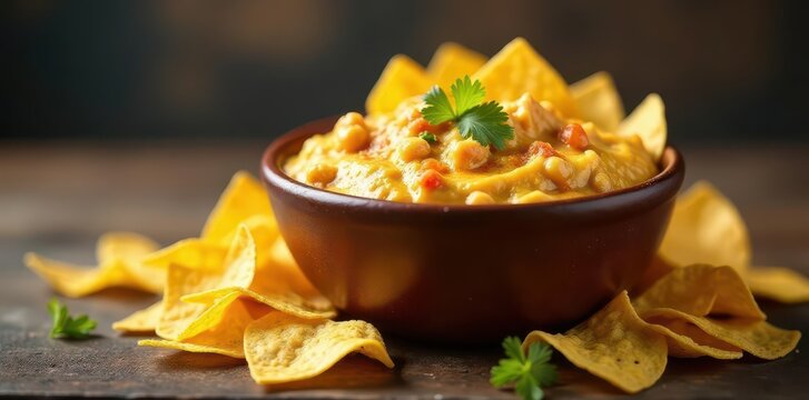 Crispy tortilla chips piled high around a bowl of creamy, chunky dip , bowl, spicy, shareable