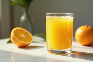 Freshly squeezed glass of orange juice on a minimalist table , table, fresh, drink