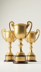 Fototapeta premium Gleaming golden trophies against pure white backdrop , victory, studio shot, golden trophy