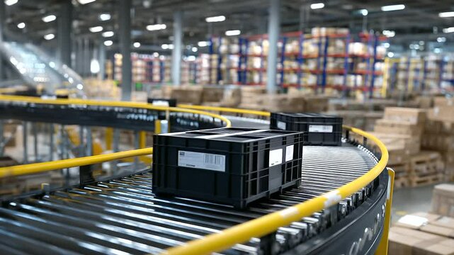 Top-down view of an automated conveyor network transporting black totes through a high-tech warehouse, packed shelves in the background, illustrating efficient goods movement and l