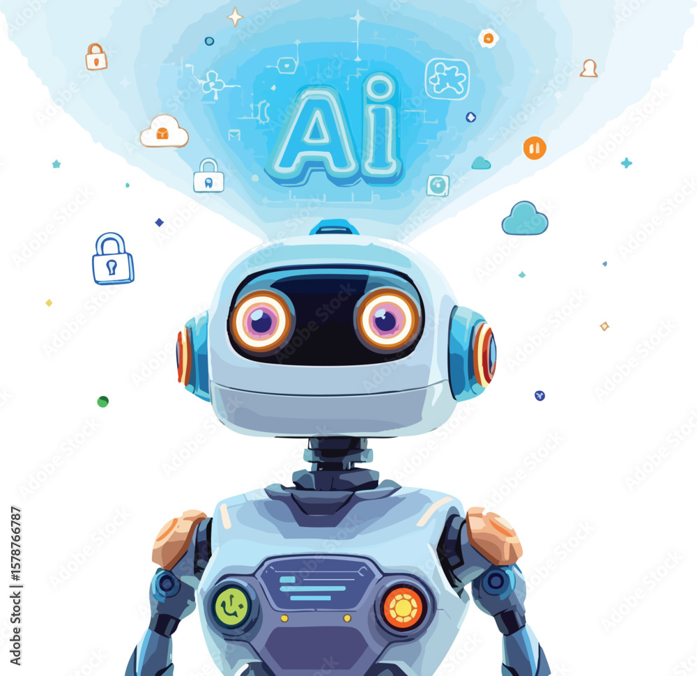 Aufkleber cute robotic ai character with cloud computing and data security illustrations.
