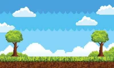 Selbstklebende Fototapeten Blau flat Cartoon illustration pixel art landscape background for Cartoon 8 bit retro arcade style game over design  © ikkiae01