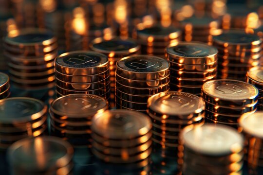 Stacks of shiny cryptocurrency coins highlight the potential for wealth creation and investment in the digital asset market