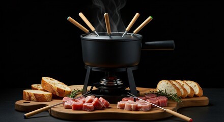 A black fondue pot with wooden handles on a stand with bread and meat on a wooden board dark background