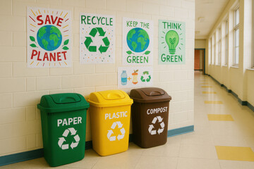 Recycling bins and posters promoting environmental awareness in school hallway