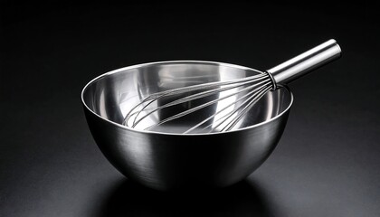 Stainless steel mixing bowl and whisk on dark background