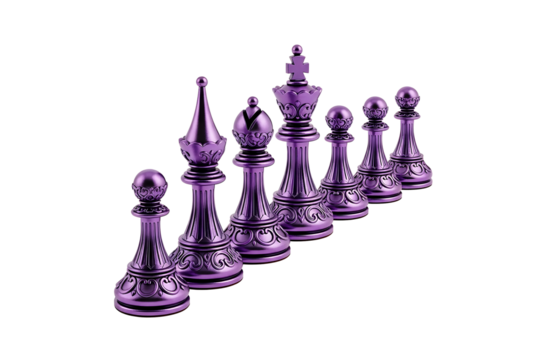 A set of purple chess pieces arranged in a line, isolated on white isolated on transparent background - Powered by Adobe