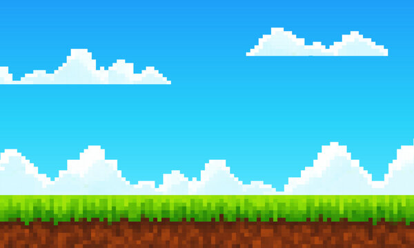 modern landscape Pixel Art Background with Blue Sky, Clouds, Grass, and Soil for Retro Game Design