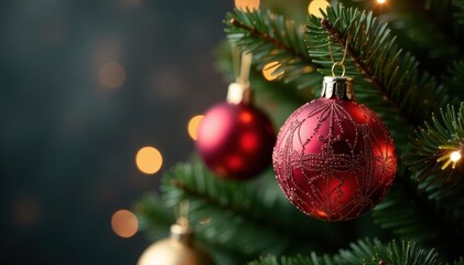 Close-up of ornate Christmas tree ornaments, twinkling lights , background, Christmas tree