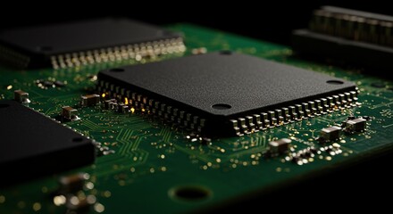 Obraz premium Modern computer circuit board featuring integrated microchips and processors designed for electronics and IT innovation