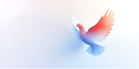 A dove in flight with red and blue gradient wings