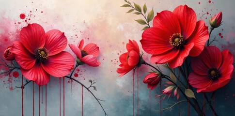 Crimson blooms bleed onto canvas, dripping texture, abstract floral art , bloom, abstract art, scarlet
